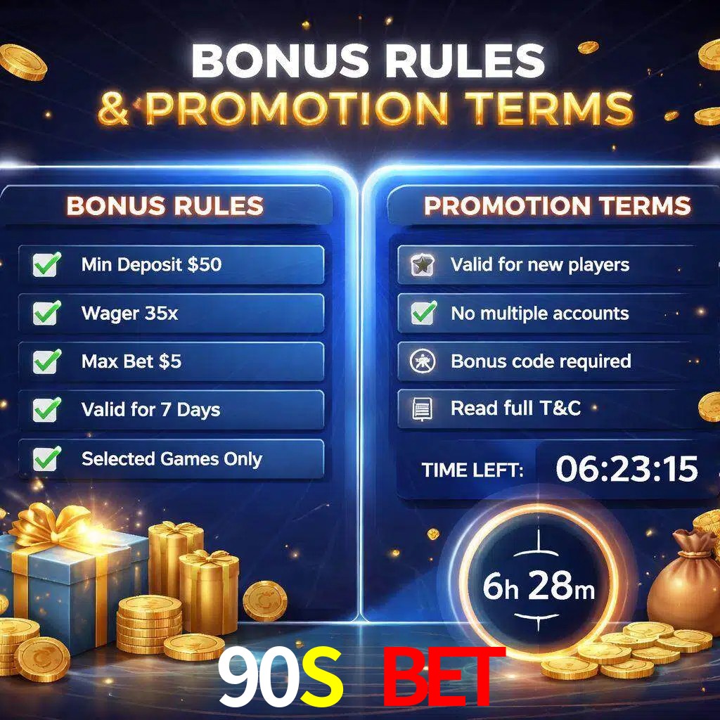 Reglas de promoción 90S BET y condiciones de bonos explicadas visualmente