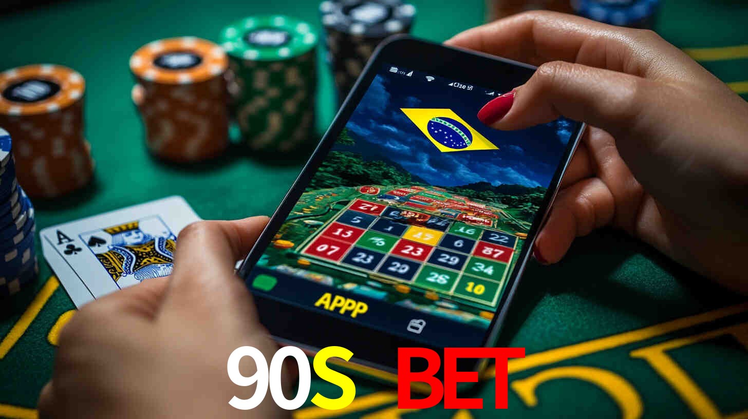 Escena dinámica inspirada en casino con iluminación 90S BET, cartas, fichas e íconos de juegos digitales en un espacio moderno de juegos.