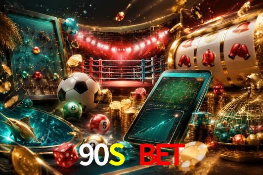 Una escena digital vívida inspirada en casino con 90S BET mostrado prominentemente, luces brillantes, fichas, cartas y acentos dorados.