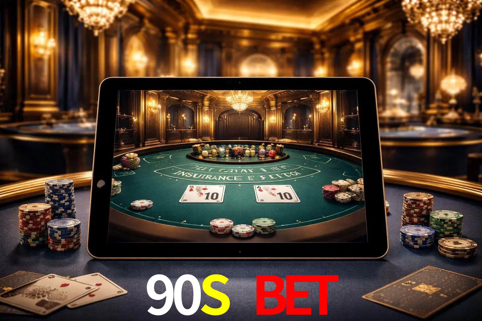 Configuración moderna de casino en vivo con una tableta mostrando una mesa de blackjack, luces cálidas de estudio y una atmósfera elegante de juegos digitales.