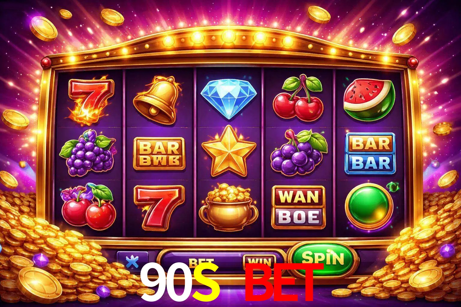 Una interfaz colorida de tragamonedas en línea con símbolos brillantes, monedas y un efecto de victoria celebratoria en 90S BET.