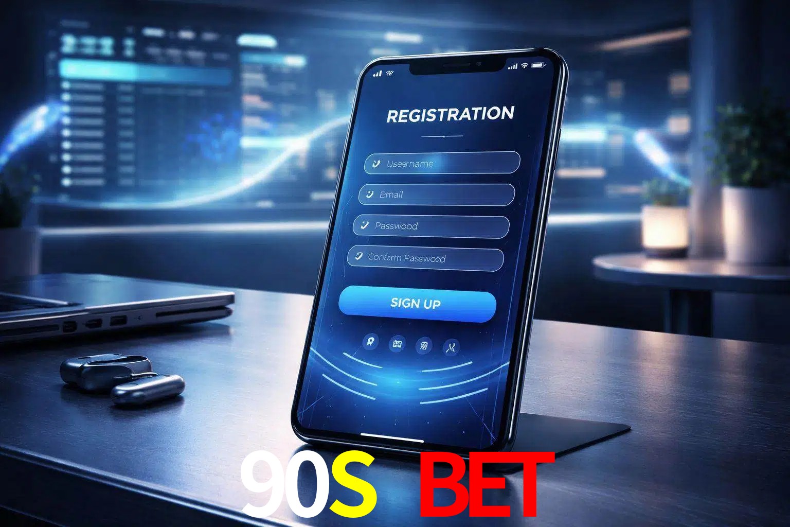 Una interfaz moderna de registro móvil para 90S BET mostrada en un smartphone con un panel de apuestas elegante.